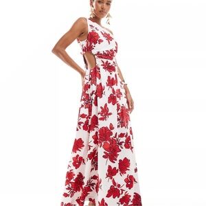 Abercrombie & Fitch Chase One Shoulder Cutout split maxi red-white, size large